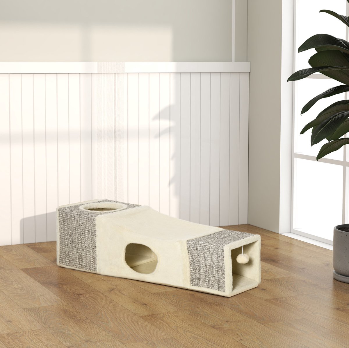 MODFU - Krabmeubel - Kattentunnel Met 2 Schuilplekken En Speelbal - Sisal - Bruin Beige