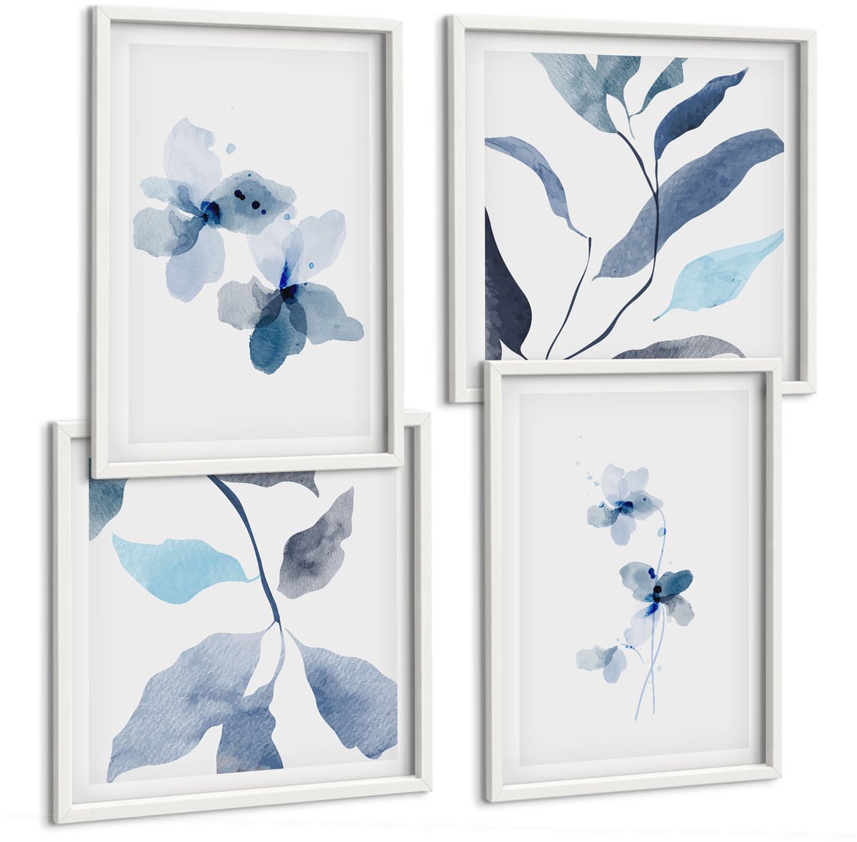 Coloray 4-Delige Schilderij Set - Minimalistische Aquarelbloemen In Blauwe Tinten - 40 x 40 En 40 x 60 - Decoratieve Muurdecoratie - Slaapkamer - Stijlvolle Muurdecoratie