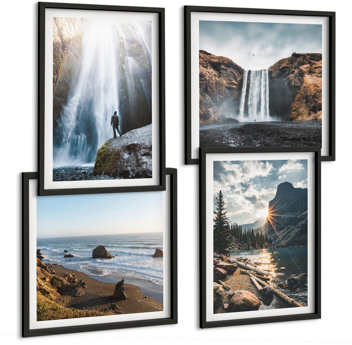Coloray 4-Delige Schilderij Set - Watervallen In De Bergen Met Prachtige Natuurlijke Landschappen - 40 x 40 cm En 40 x 60 cm - Moderne Wanddecoratie - Woonkamer - Interieur Decoratie Zwarte lijst
