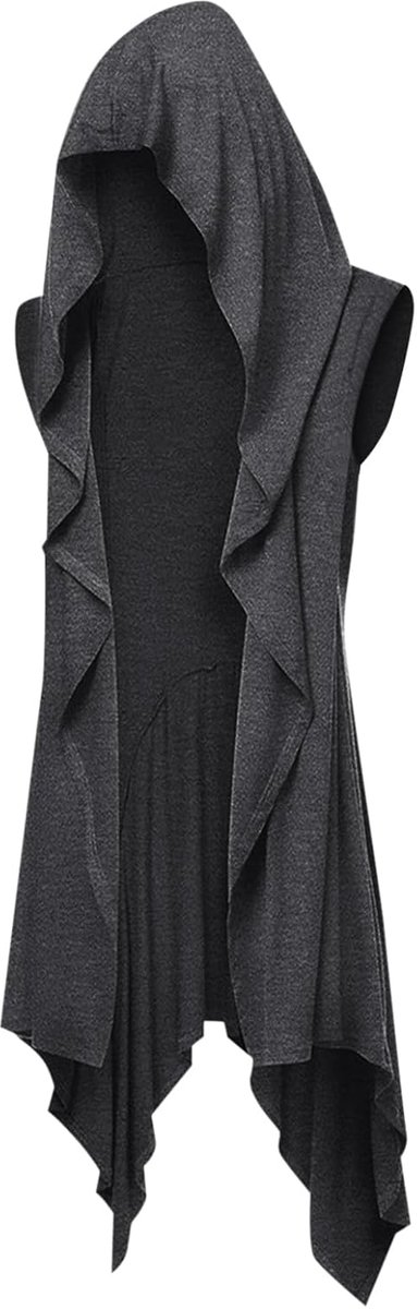 Herenjas met ruches, lange capuchon, mouwloos, sjaal, kraag, cardigan, gedrapeerd, effen, lichte cape mantel