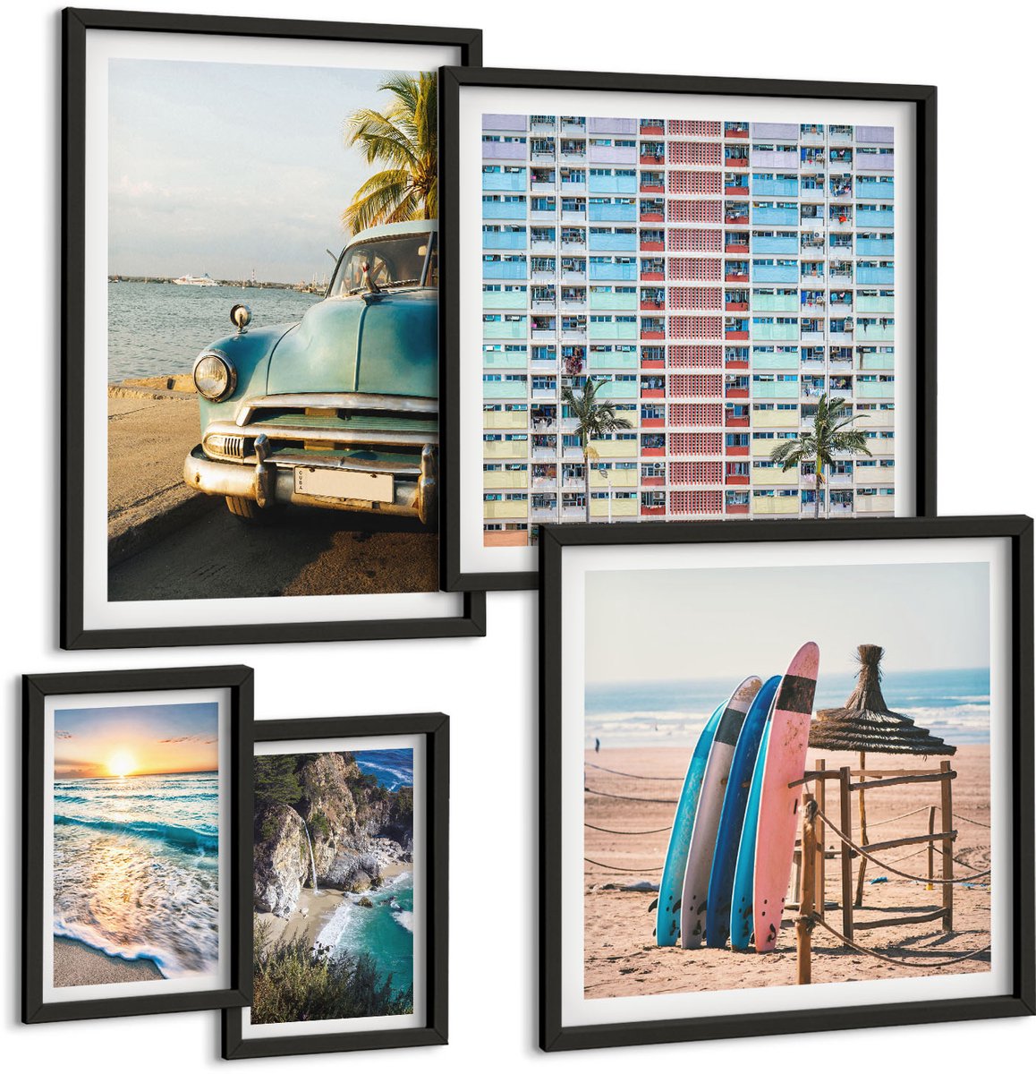 Coloray 5-Delige Schilderij Set - Stijlvolle Strandlandschappen Met Auto'S En Surfers - 50 x 50 cm, 20 x 30 cm En 40 x 60 cm - Muurdecoratie - Wanddecoratie - Slaapkamer - Stijlvolle Muurdecoratie Zwarte lijst