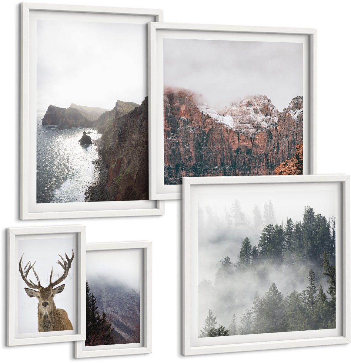 Coloray 5-Delige Schilderij Set - Natuurlijke Landschappen Met Wilde Dieren En Dieren In Het Wild. - 50 x 50 cm, 20 x 30 cm En 40 x 60 cm - Wanddecoratie - Schilderijen Set - Interieur - Woonkamer Decoratie