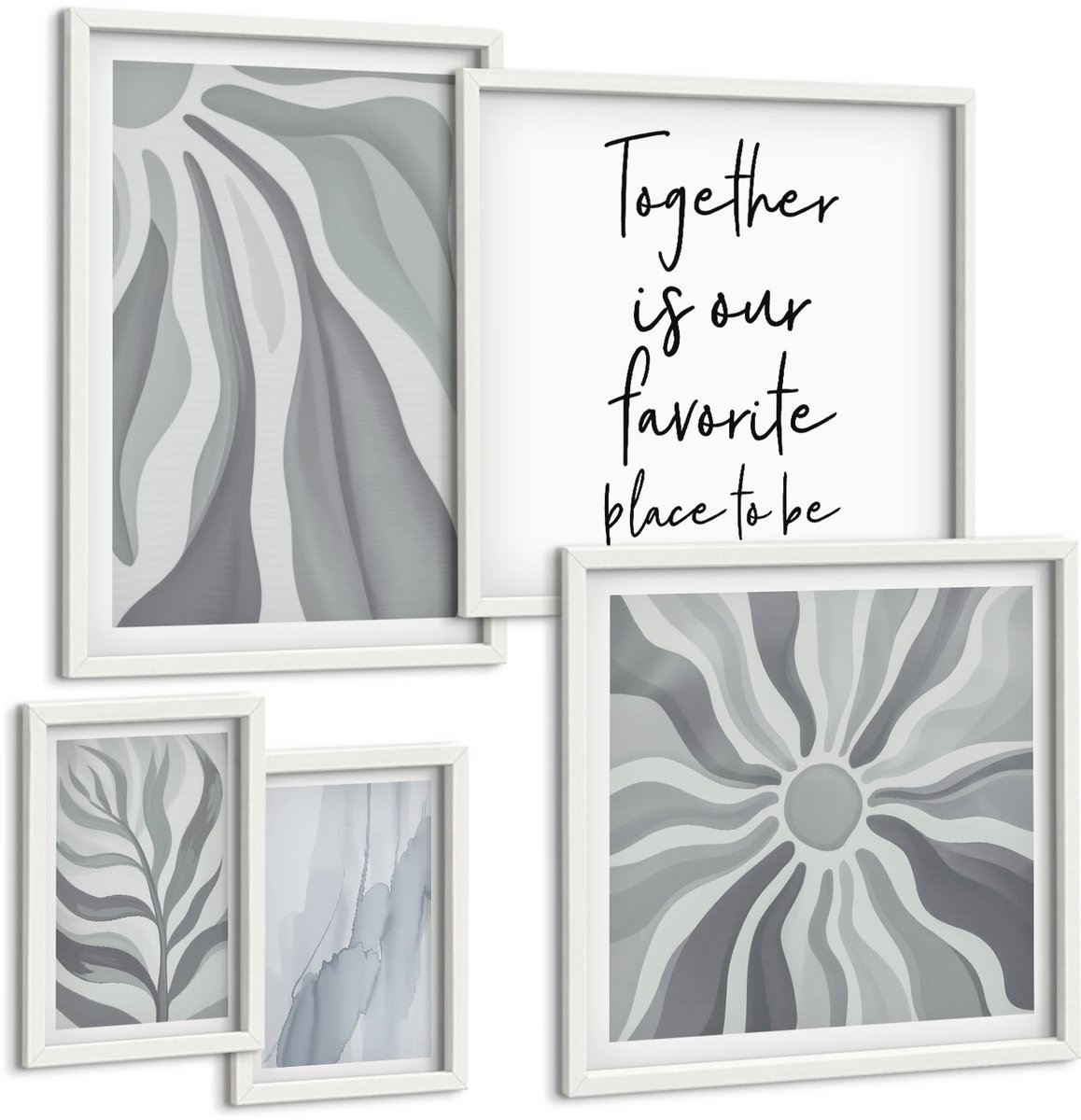 Coloray 5-Delige Schilderij Set - Abstracte Patronen In Grijstinten En Wit - 50 x 50 cm, 20 x 30 cm En 40 x 60 cm - Moderne Wanddecoratie - Slaapkamer