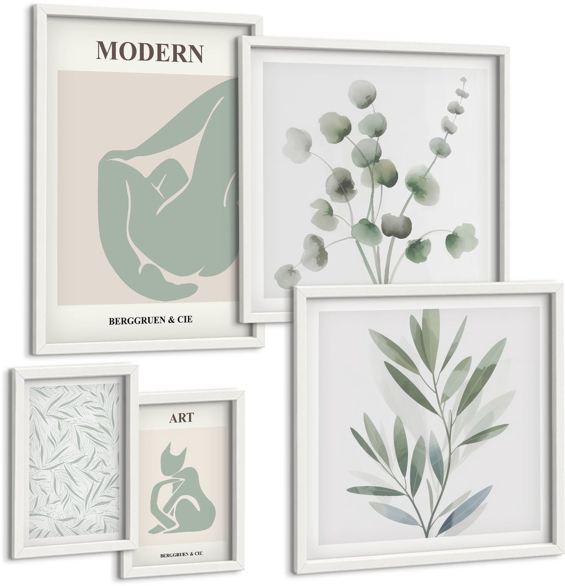 Coloray 5-Delige Schilderij Set - Stijlvolle Afbeeldingen Met Plantmotieven En Abstracte Vormen. - 50 x 50 cm, 20 x 30 cm En 40 x 60 cm - Muurdecoratie - Wanddecoratie - Slaapkamer - Moderne Wanddecoratie