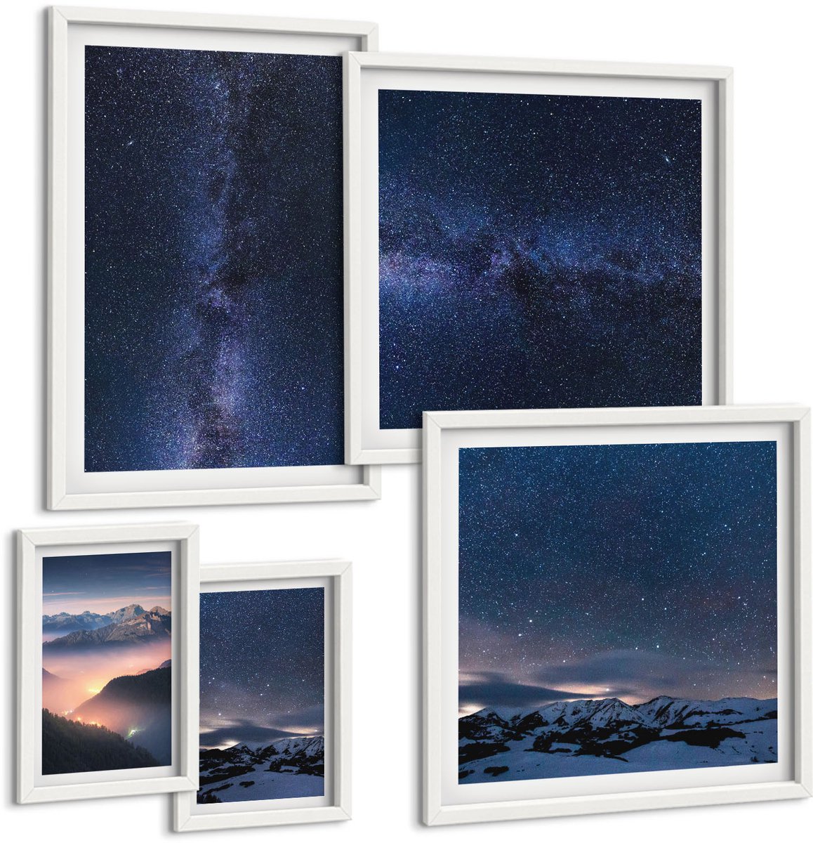 Coloray 5-Delige Schilderij Set - Kosmische Landschappen Van De Nachtelijke Hemel En De Sterren - 50 x 50 cm, 20 x 30 cm En 40 x 60 cm - Stijlvolle Muurdecoratie - Slaapkamer - Moderne Wanddecoratie