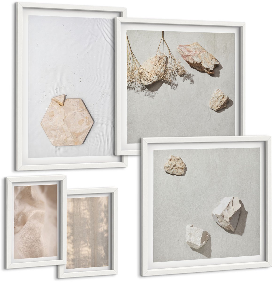 Coloray 5-Delige Schilderij Set - Subtiele Texturen In Een Natuurlijke Boho-Stijl - 50 x 50 cm, 20 x 30 cm En 40 x 60 cm - Decoratieve Schilderijen - Woonkamer - Interieur - Muurdecoratie