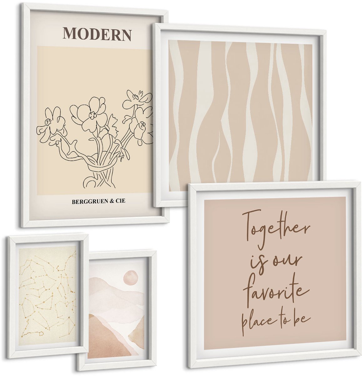 Coloray 5-Delige Schilderij Set - Moderne Minimalistische Stijlset Met Abstracte Motieven - 50 x 50 cm, 20 x 30 cm En 40 x 60 cm - Muurdecoratie - Wanddecoratie - Slaapkamer - Interieur Decoratie