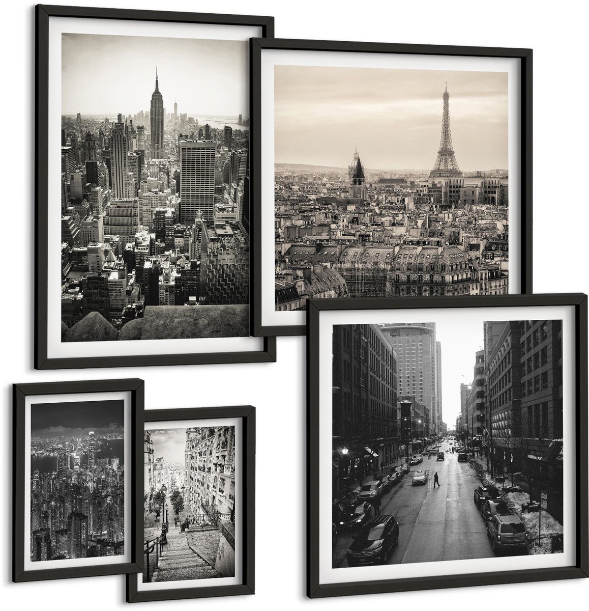 Coloray 5-Delige Schilderij Set - Stadspanorama'S Van Iconische Hoofdsteden In Europa En De Vs - 50 x 50 cm, 20 x 30 cm En 40 x 60 cm - Muurdecoratie - Wanddecoratie - Slaapkamer - Stijlvolle Muurdecoratie