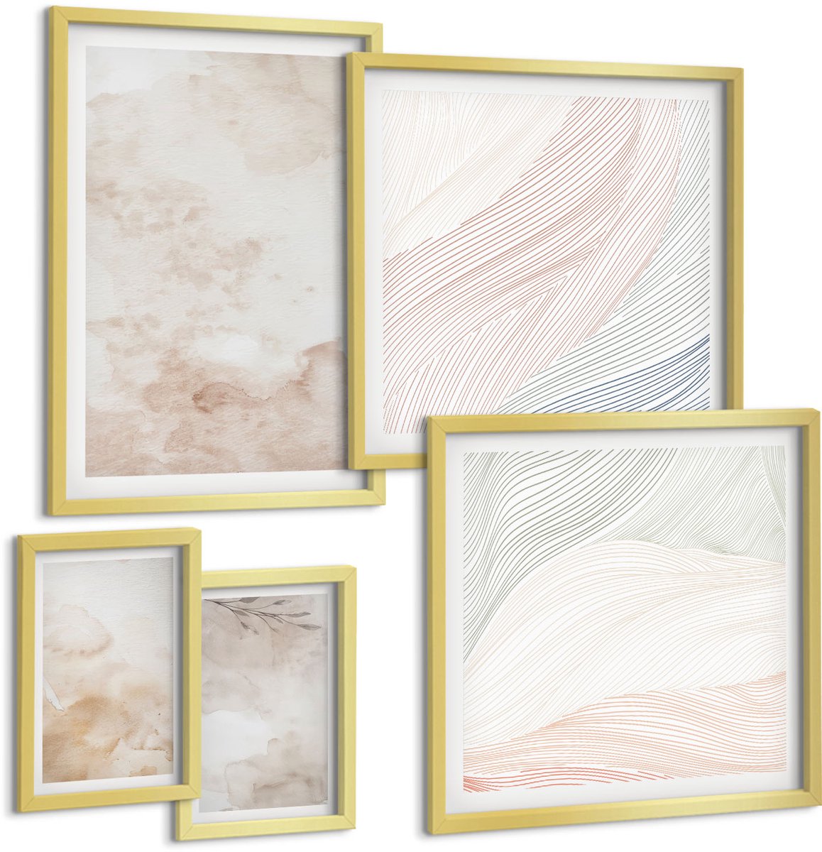 Coloray 5-Delige Schilderij Set - Aquarelvlekken En Bladeren In Pastelkleuren - 50 x 50 cm, 20 x 30 cm En 40 x 60 cm - Stijlvolle Wanddecoratie - Interieur - Moderne Wanddecoratie