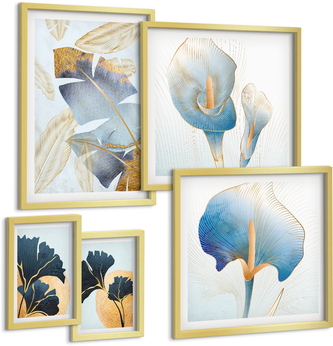 Coloray 5-Delige Schilderij Set - Plantenmotieven In Een Moderne Stijl Met Subtiele Accenten. - 50 x 50 cm, 20 x 30 cm En 40 x 60 cm - Muurdecoratie - Decoratieve Schilderijen - Wohnzimmer - Interieur Decoratie