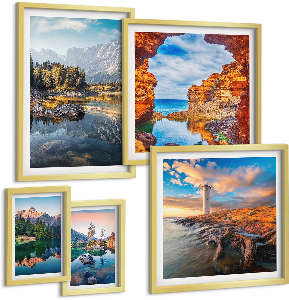 Coloray 5-Delige Schilderij Set - Natuurlijke Berg- En Waterlandschappen Met Prachtige Uitzichten - 50 x 50 cm, 20 x 30 cm En 40 x 60 cm - Muurdecoratie - Decoratieve Schilderijen - Wohnzimmer - Interieur Decoratie