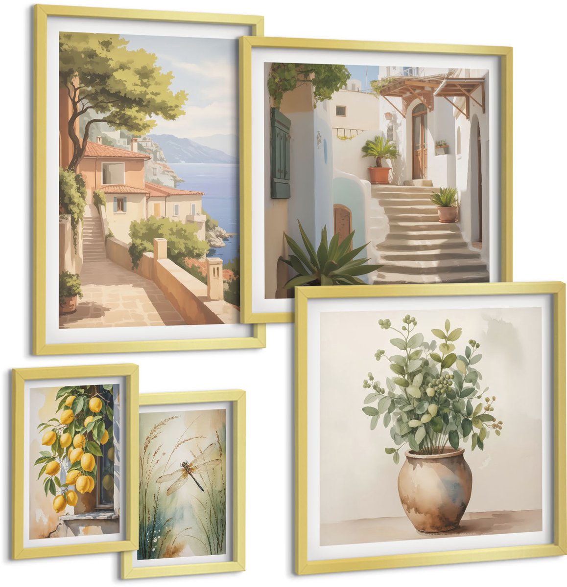 Coloray 5-Delige Schilderij Set - Stijlvolle Uitzichten Op Kustplaatsen En De Omliggende Vegetatie. - 50 x 50 cm, 20 x 30 cm En 40 x 60 cm - Muurdecoratie - Schilderijen Set - Woonkamer - Stijlvolle Muurdecoratie