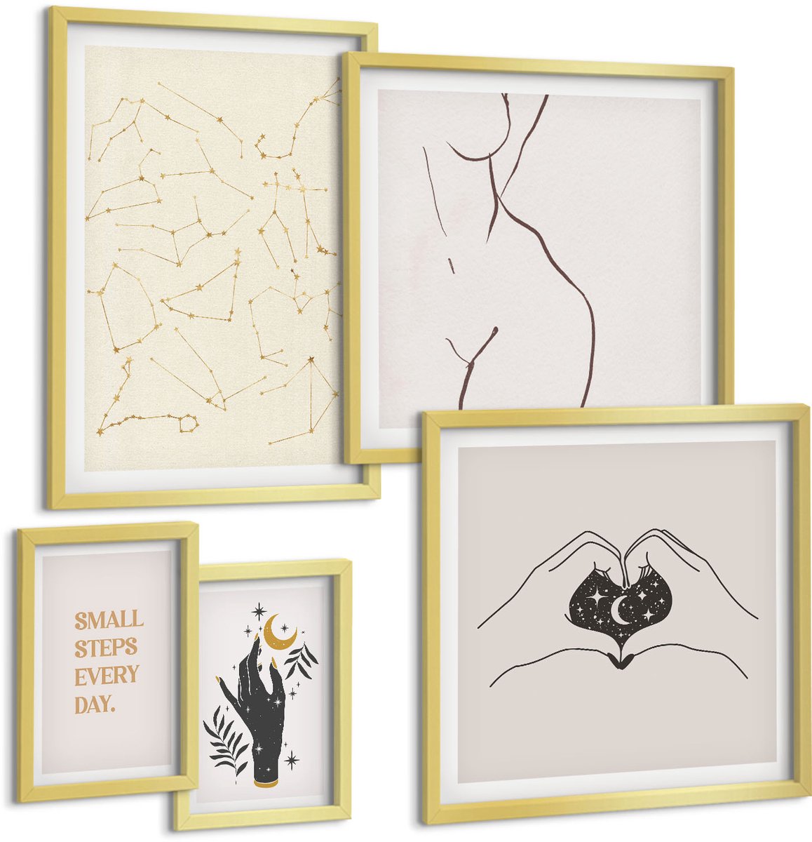 Coloray 5-Delige Schilderij Set - Minimalistische Motieven Geïnspireerd Door Ruimte En Natuur - 50 x 50 cm, 20 x 30 cm En 40 x 60 cm - Muurdecoratie - Wanddecoratie - Hal