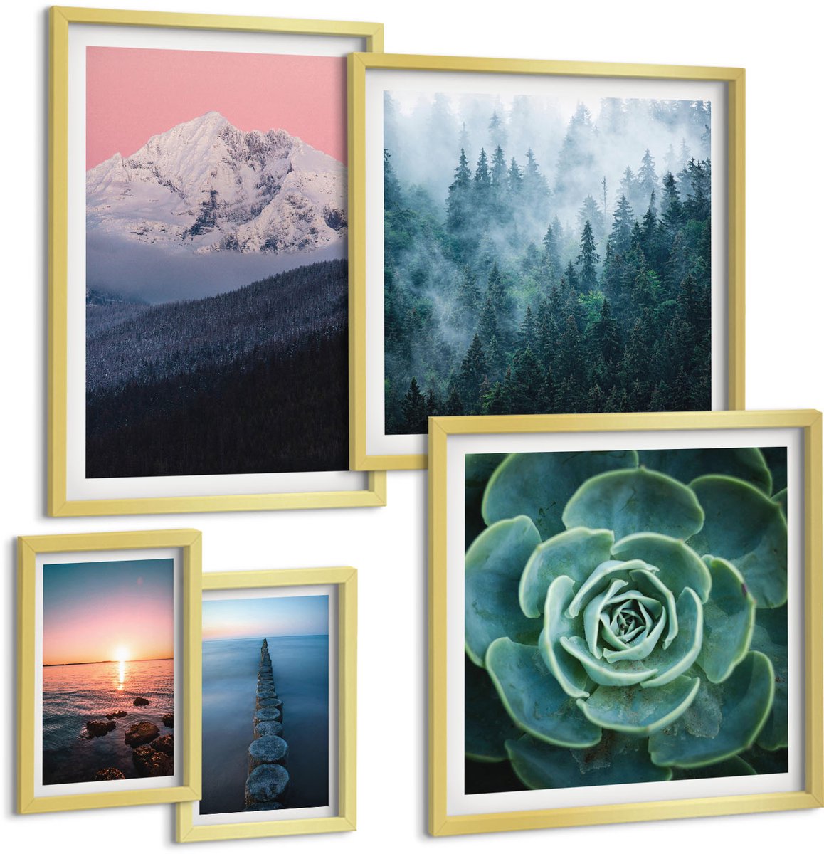 Coloray 5-Delige Schilderij Set - Natuurlijke Landschappen, Bergen, Zee, Planten, Boho-Stijl - 50 x 50 cm, 20 x 30 cm En 40 x 60 cm - Wanddecoratie - Muurdecoratie - Moderne Interieurdecoratie - Stijlvolle Muurdecoratie