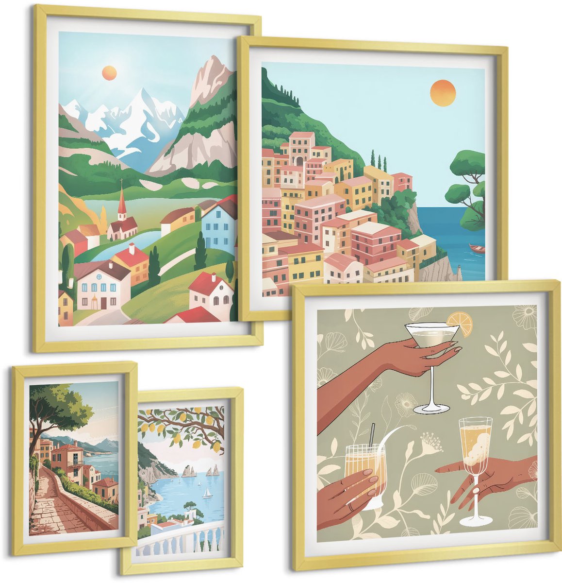 Coloray 5-Delige Schilderij Set - Betoverende Landschappen En Momenten Van Ontspanning In De Buitenlucht - 50 x 50 cm, 20 x 30 cm En 40 x 60 cm - Wanddecoratie - Woonkamer Decoratie - Decoratieve Schilderijen