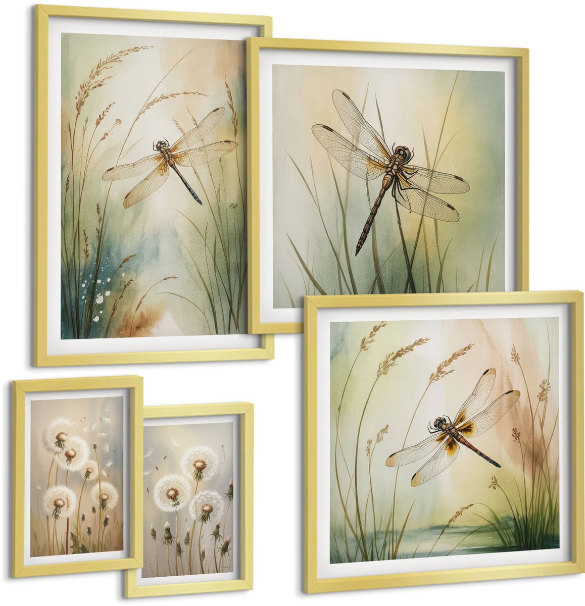Coloray 5-Delige Schilderij Set - Natuurthema'S Met Libellen En Paardenbloemen In Boho-Stijl - 50 x 50 cm, 20 x 30 cm En 40 x 60 cm - Muurdecoratie - Wanddecoratie - Slaapkamer