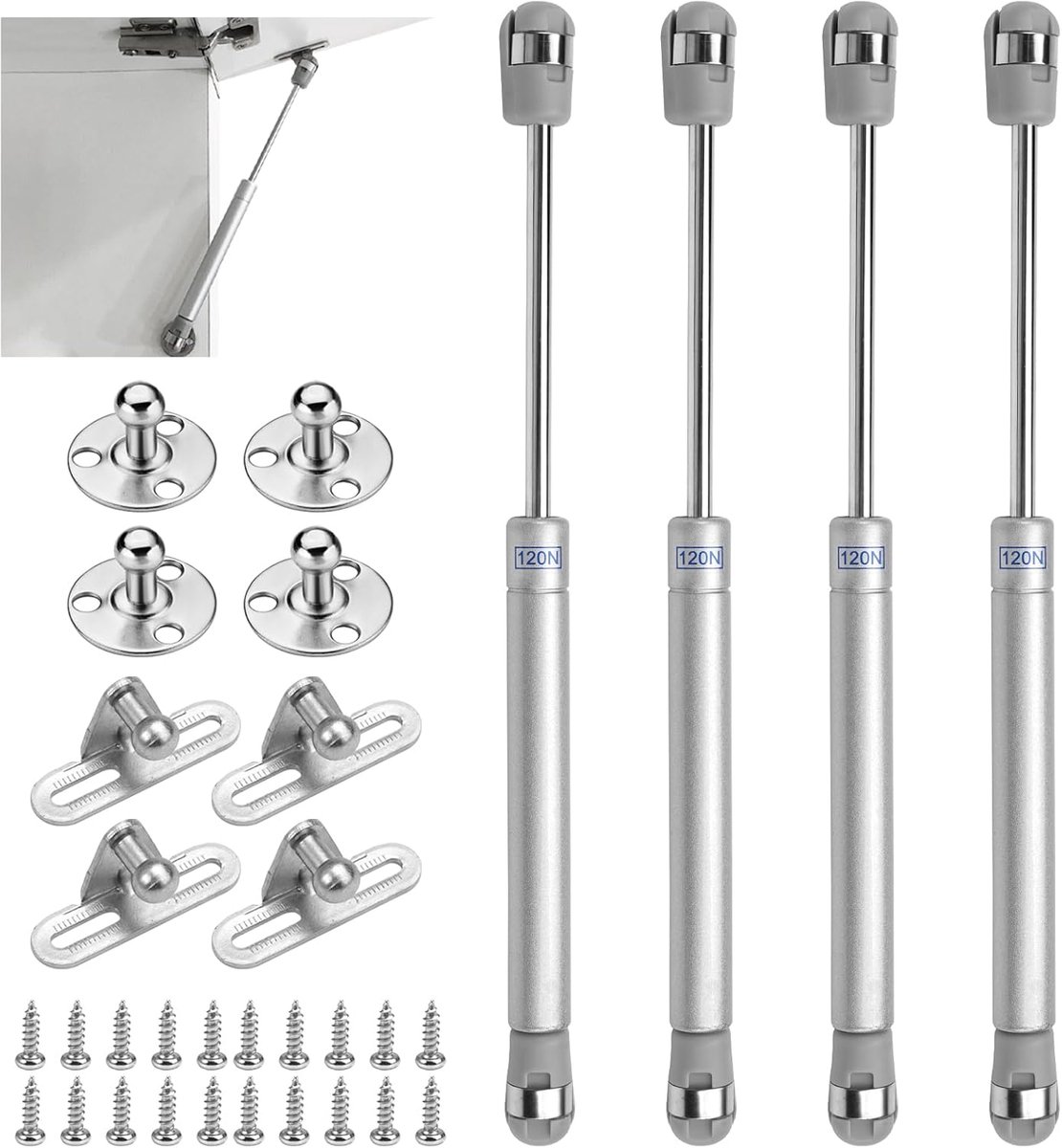 4 Stuks Zuigers voor Keukendeuren, 120 N/12 kg Zuiger voor Meubels | Klein Metaal Gasveren, Hydraulische Zuiger, Zacht Sluitende Scharnieren, voor Keukenkasten, Ramen, Kledingkasten, Zilver