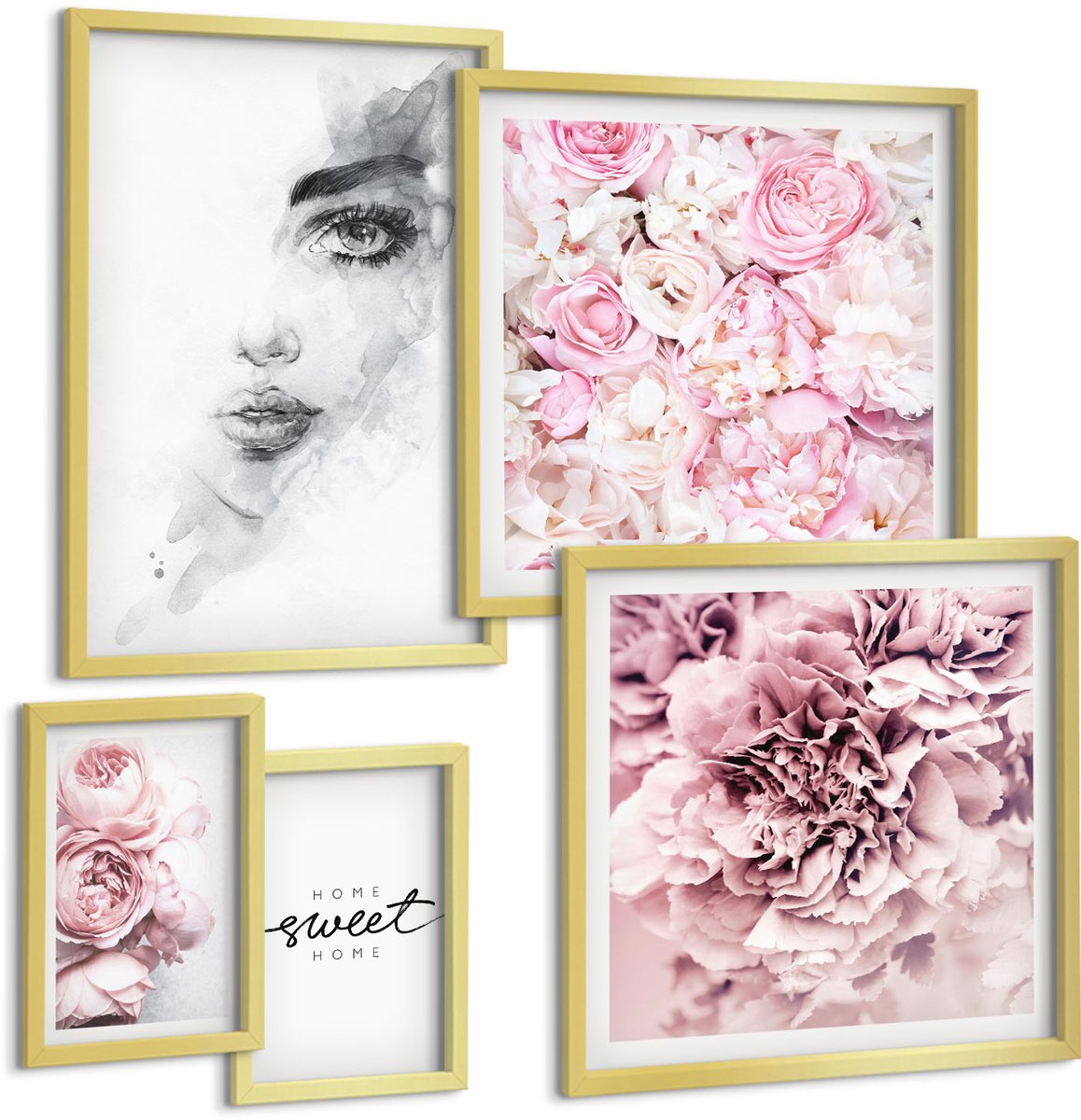 Coloray 5-Delige Schilderij Set - Bloemaccenten Met Een Portret En De Tekst "Over Home" - 50 x 50 cm, 20 x 30 cm En 40 x 60 cm - Wanddecoratie - Muurdecoratie - Moderne Interieurdecoratie