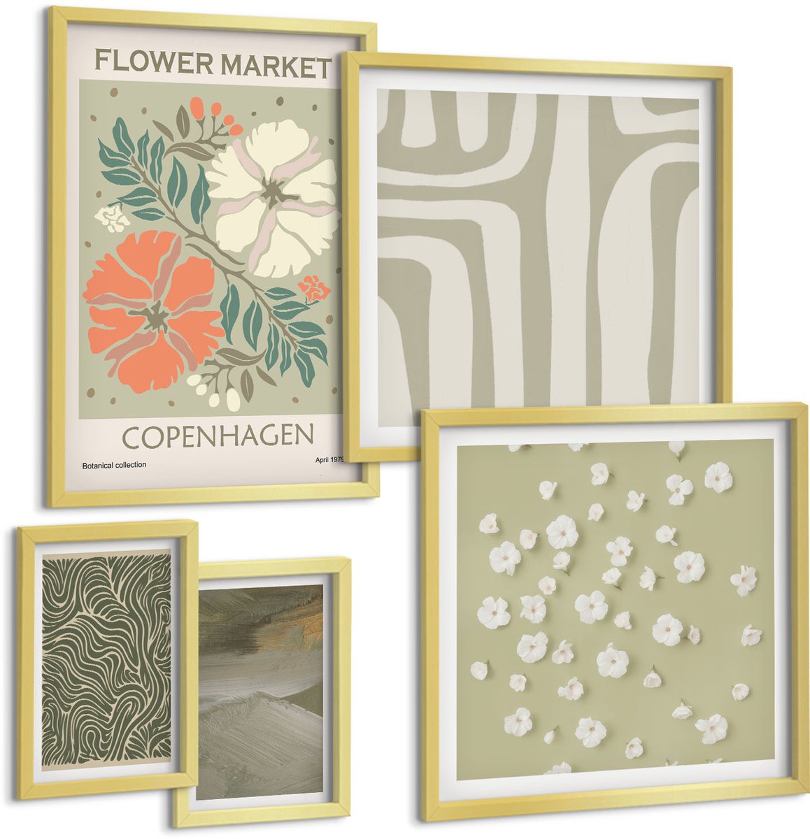 Coloray 5-Delige Schilderij Set - Bloemmotieven En Abstracte Patronen In Boho-Stijl - 50 x 50 cm, 20 x 30 cm En 40 x 60 cm - Wanddecoratie - Muurdecoratie - Woonkamer - Moderne Wanddecoratie