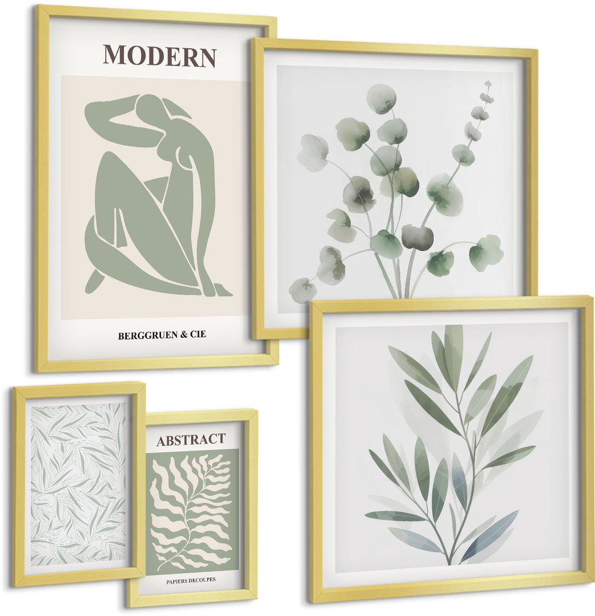 Coloray 5-Delige Schilderij Set - Stijlvolle Plantmotieven In Een Moderne Decoratieve Stijl. - 50 x 50 cm, 20 x 30 cm En 40 x 60 cm - Wanddecoratie - Schilderijen Set - Interieur - Decoratieve Schilderijen