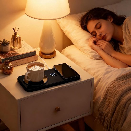 Bekerwarmer, drankverwarmingspad, onderzetter, melkdrank, telefoon, klok - Draadloze elektrische bekerwarmer voor thuis, kantoor, bureau, keuken, verjaardag, housewarming, Kerstmis - zwart — afbeelding 4