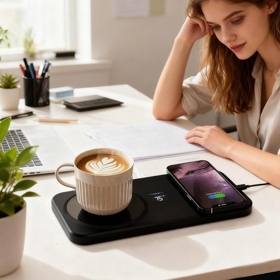 Bekerwarmer, drankverwarmingspad, onderzetter, melkdrank, telefoon, klok - Draadloze elektrische bekerwarmer voor thuis, kantoor, bureau, keuken, verjaardag, housewarming, Kerstmis - zwart — afbeelding 2