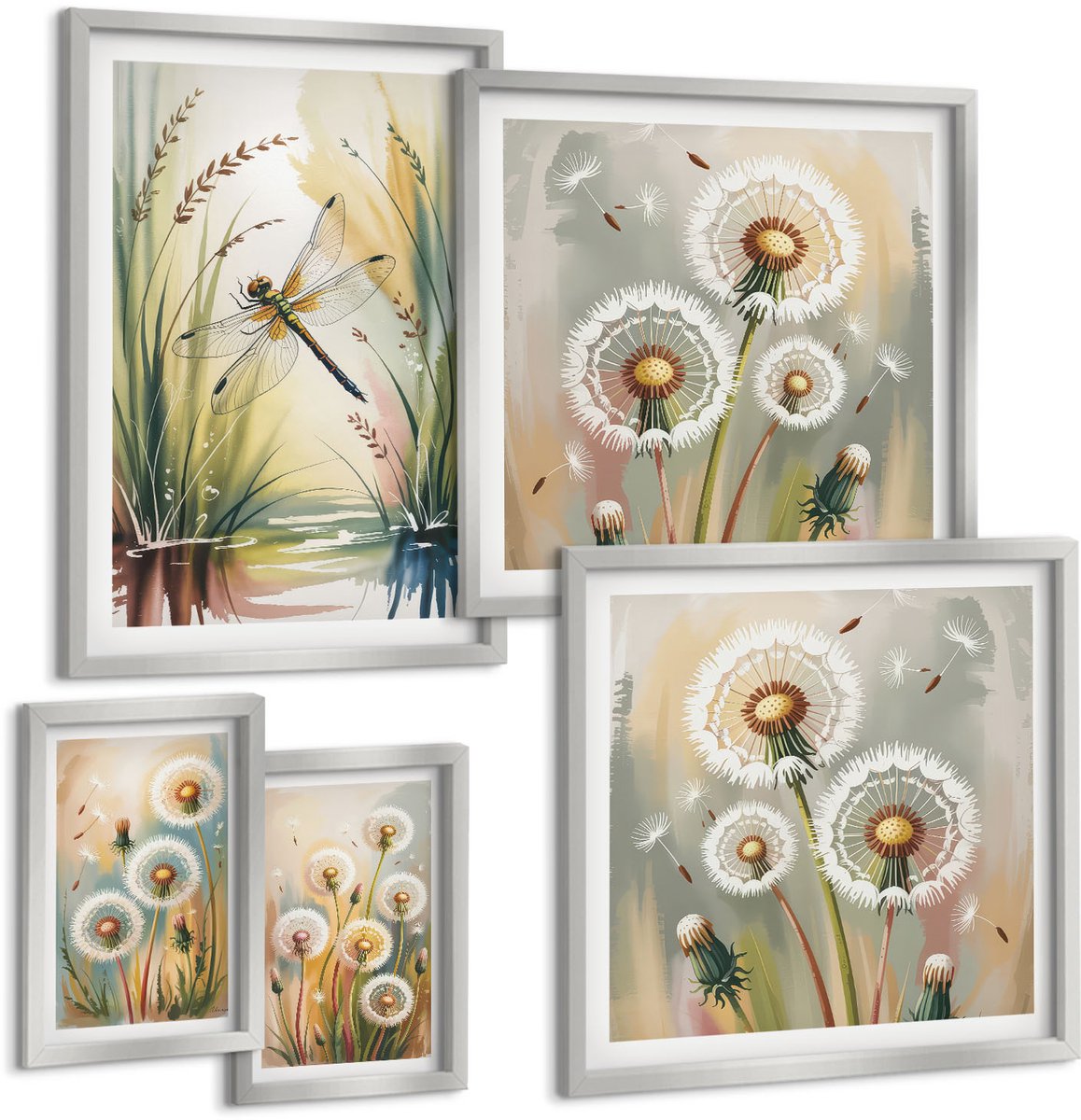 Coloray 5-Delige Schilderij Set - Paardenbloemen Op Een Pastelkleurige Achtergrond - 20 x 30 cm - Moderne Wanddecoratie - Slaapkamer