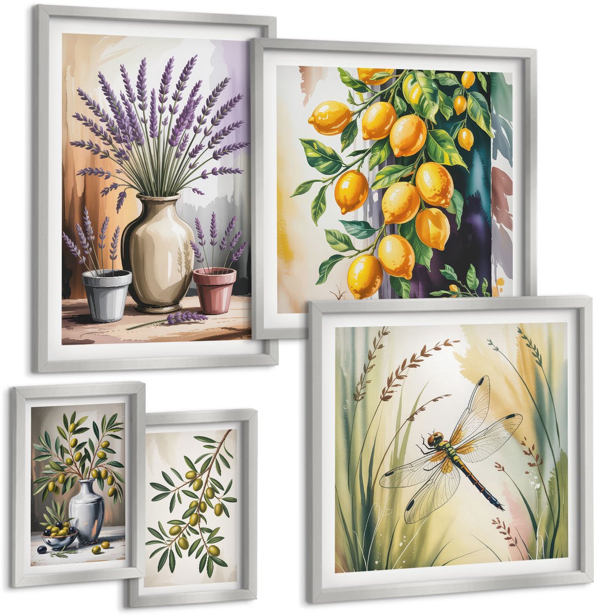 Coloray 5-Delige Schilderij Set - Lavendelbloemen, Olijven En Keramische Vazen - 20 x 30 cm - Wanddecoratie - Schilderijen Set - Interieur - Moderne Wanddecoratie