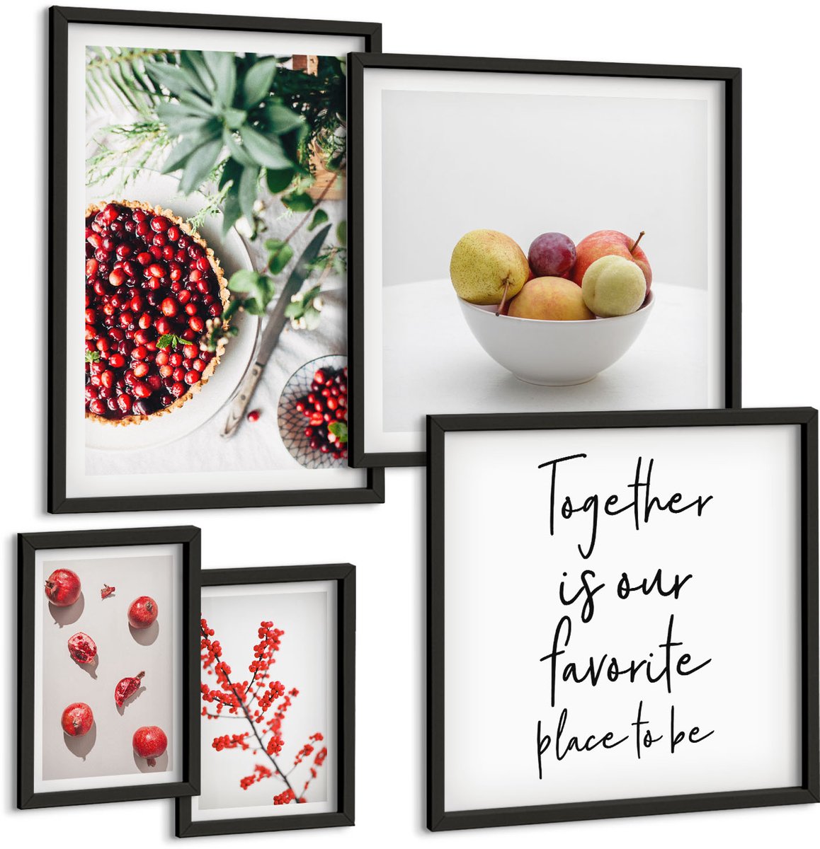 Coloray 5-Delige Schilderij Set - Fruitcomposities Met Plantmotieven En Tekst - 50 x 50 cm, 20 x 30 cm En 40 x 60 cm - Muurdecoratie - Wanddecoratie - Slaapkamer - Decoratieve Schilderijen