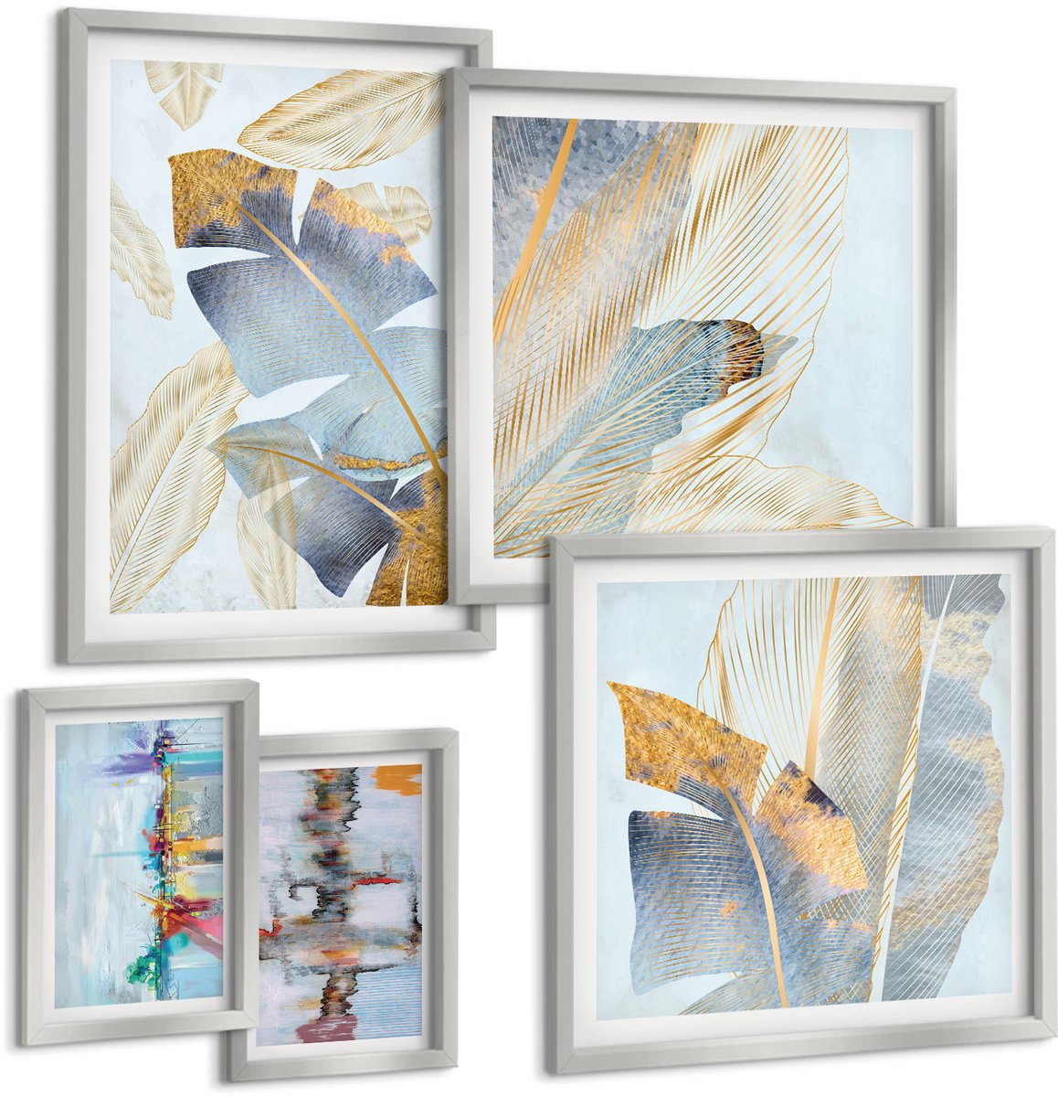 Coloray 5-Delige Schilderij Set - Verschillende Blauwtinten In Delicate Abstracte Patronen - 20 x 30 cm - Muurdecoratie - Interieur Decoratie - Moderne Wanddecoratie