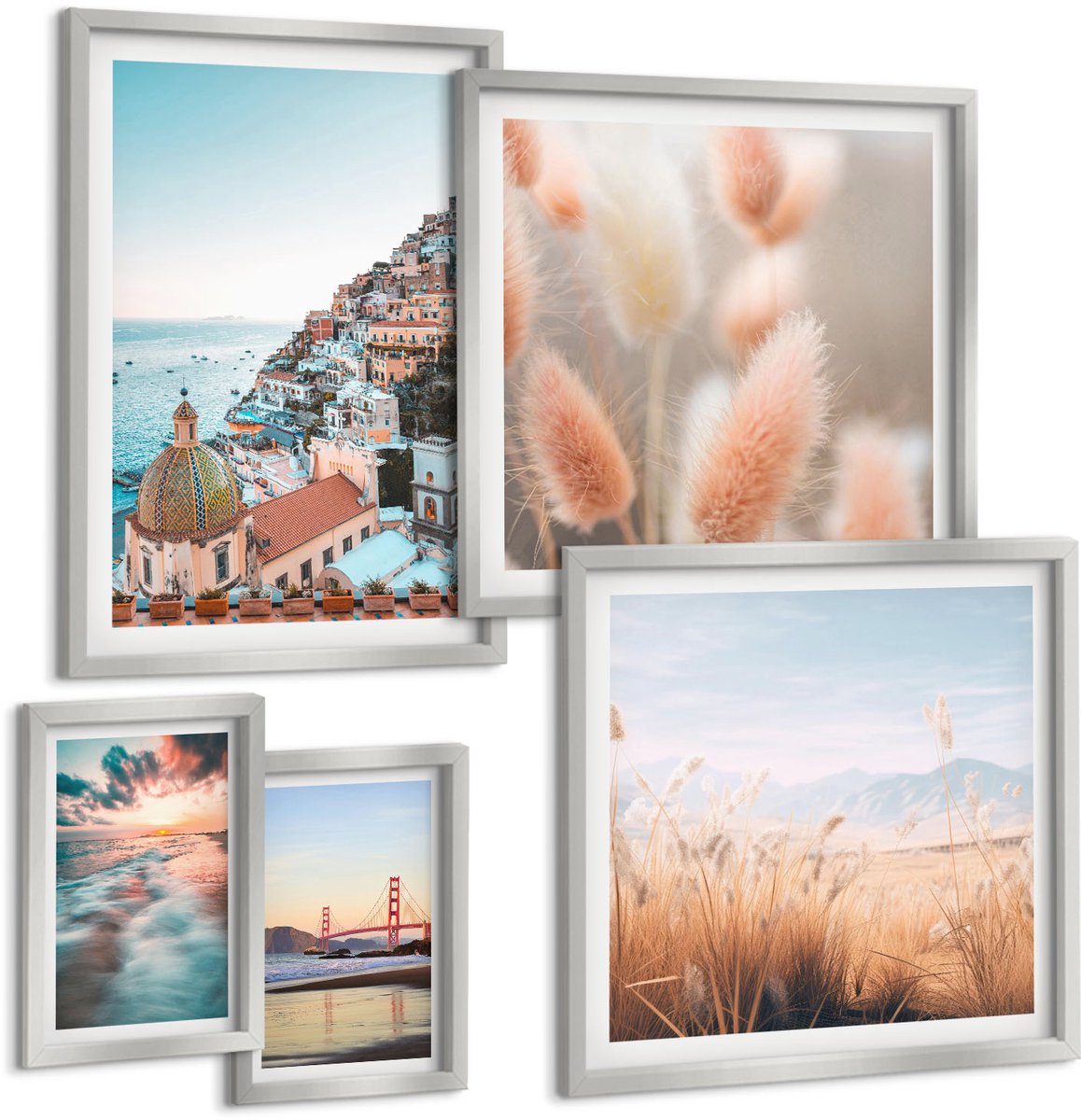 Coloray 5-Delige Schilderij Set - Uitzicht Op Zee, Zonsondergang, Kleurrijke Huizen, Bloemen - 20 x 30 cm - Decoratieve Muurdecoratie - Slaapkamer - Wanddecoratie