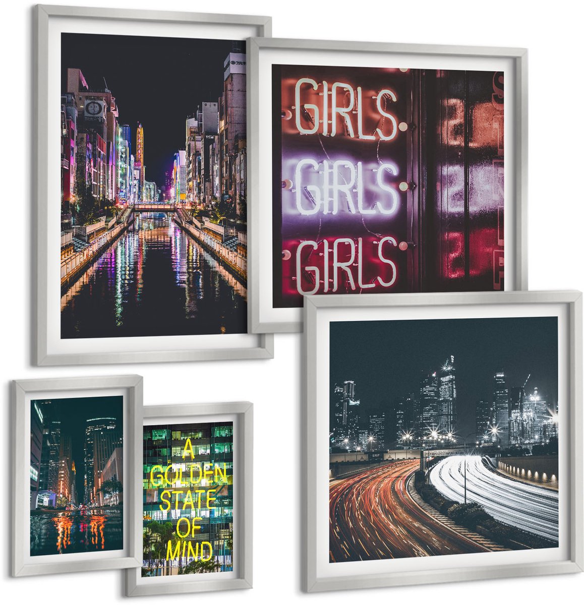Coloray 5-Delige Schilderij Set - Neonreclames Van De Stad 'S Nachts Met Uitzicht Op De Rivier. - 20 x 30 cm - Wanddecoratie - Moderne Interieurdecoratie - Decoratieve Schilderijen