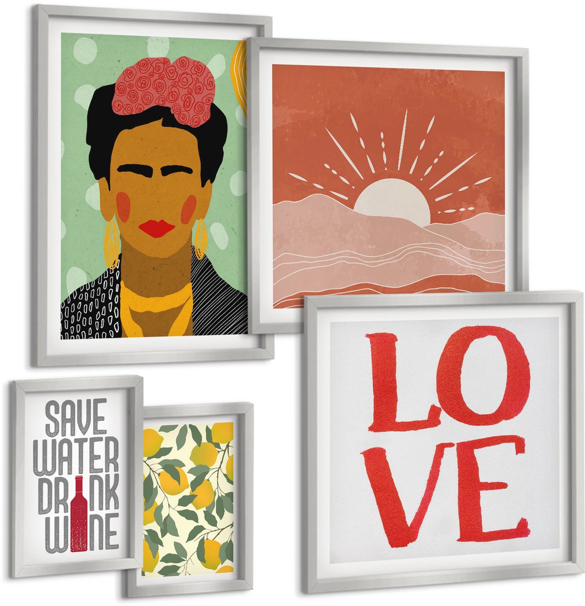 Coloray 5-Delige Schilderij Set - Citroenen Liefde Lettering Geschilderd Portret Van Frida Kahlo - 20 x 30 cm - Stijlvolle Wanddecoratie - Interieur