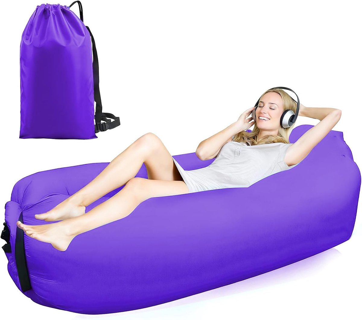 Opblaasbaar, 200 x 70 cm, strandbank, opblaasbaar, voor camping, zwembadfeesten (paars)