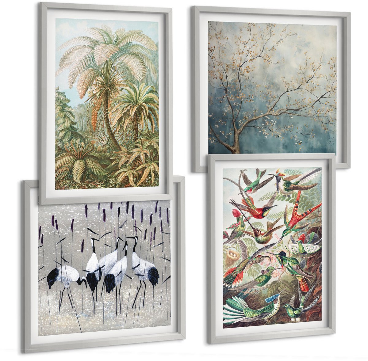 Coloray 4-Delige Schilderij Set - Tropische Planten En Kleurrijke Vogels In De Natuur - 40 x 40 cm En 40 x 60 cm - Schilderijen Set - Wanddecoratie - Woonkamer - Decoratieve Schilderijen
