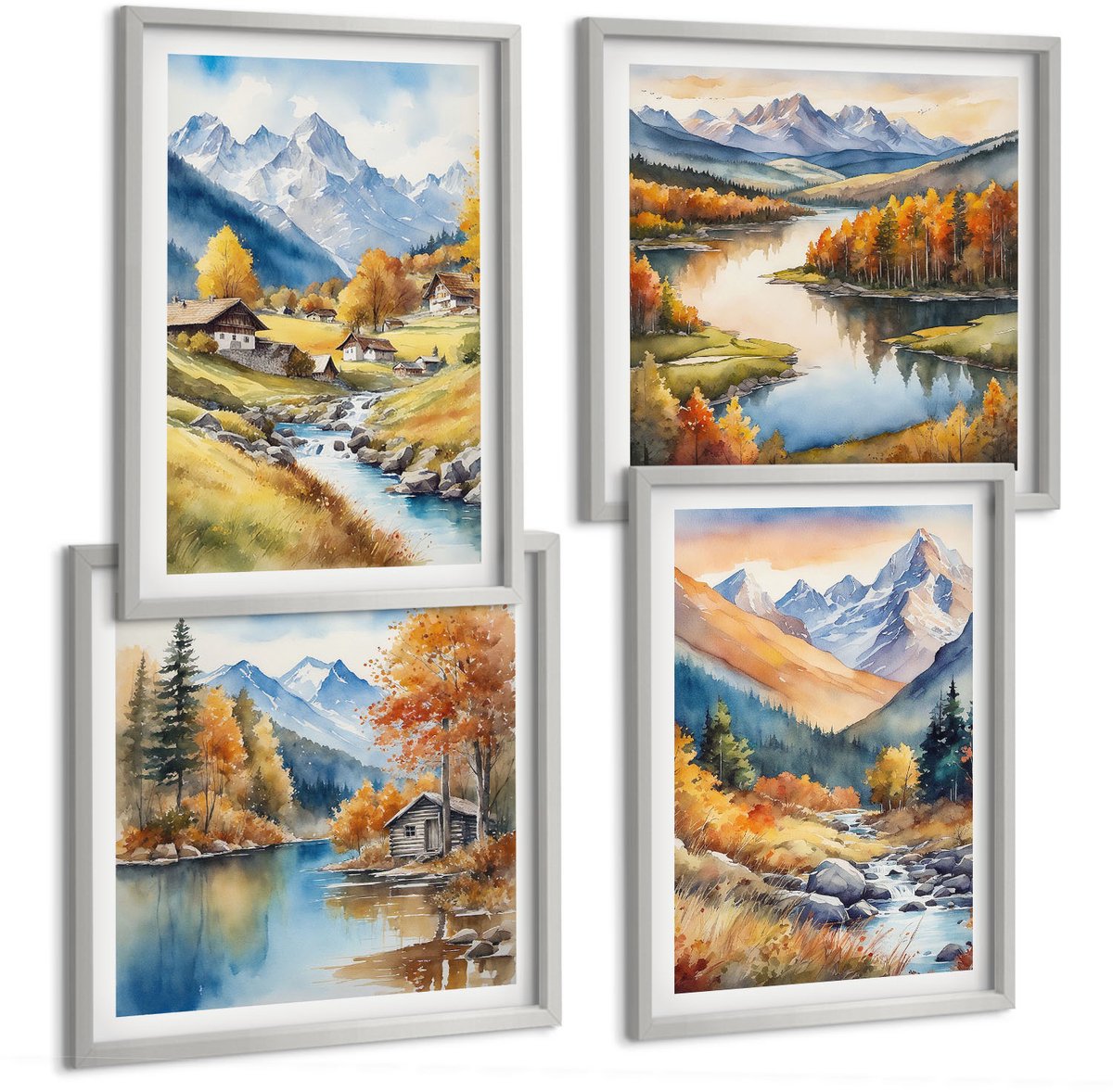Coloray 4-Delige Schilderij Set - Herfstlandschappen In Een Pittoreske Stijl - 40 x 40 cm En 40 x 60 cm - Muurdecoratie - Decoratieve Schilderijen - Wohnzimmer - Woonkamer Decoratie