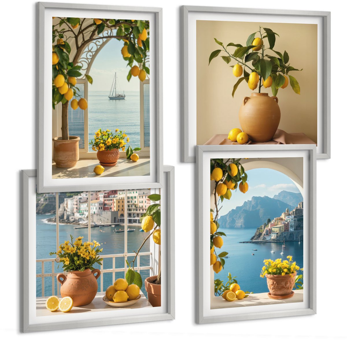 Coloray 4-Delige Schilderij Set - Citroenen En Bloemen In Potten In Een Kustplaats - 40 x 40 cm En 40 x 60 cm - Schilderijen Set - Wanddecoratie - Woonkamer - Muurdecoratie