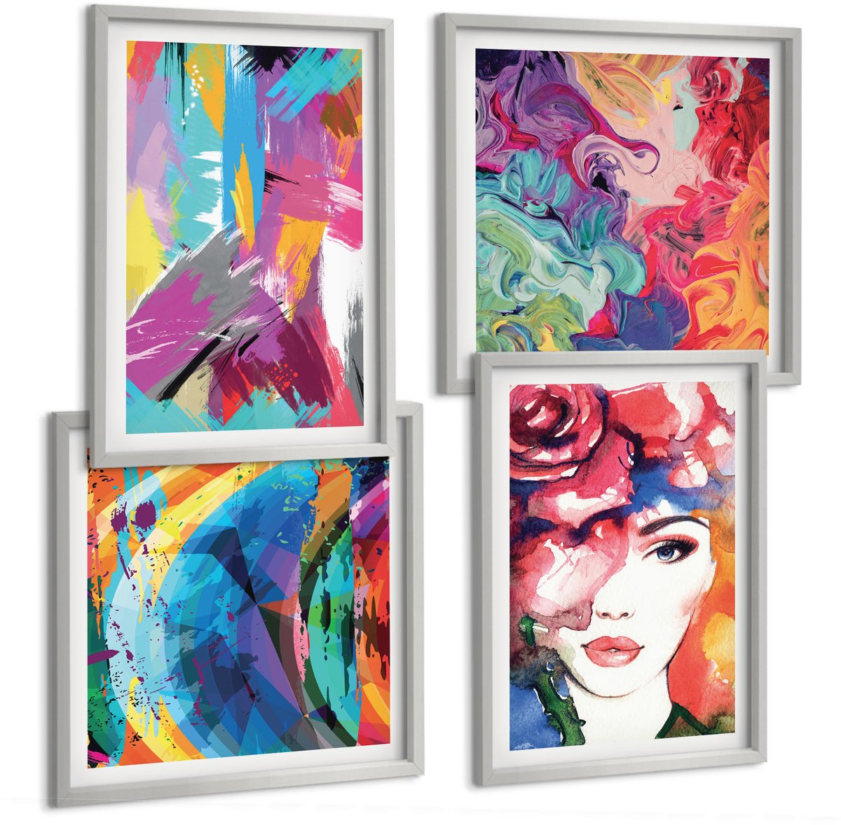 Coloray 4-Delige Schilderij Set - Kleurrijk Abstract Schilderijportret Van Een Vrouw - 40 x 40 cm En 40 x 60 cm - Stijlvolle Muurdecoratie - Kantoor - Decoratieve Schilderijen