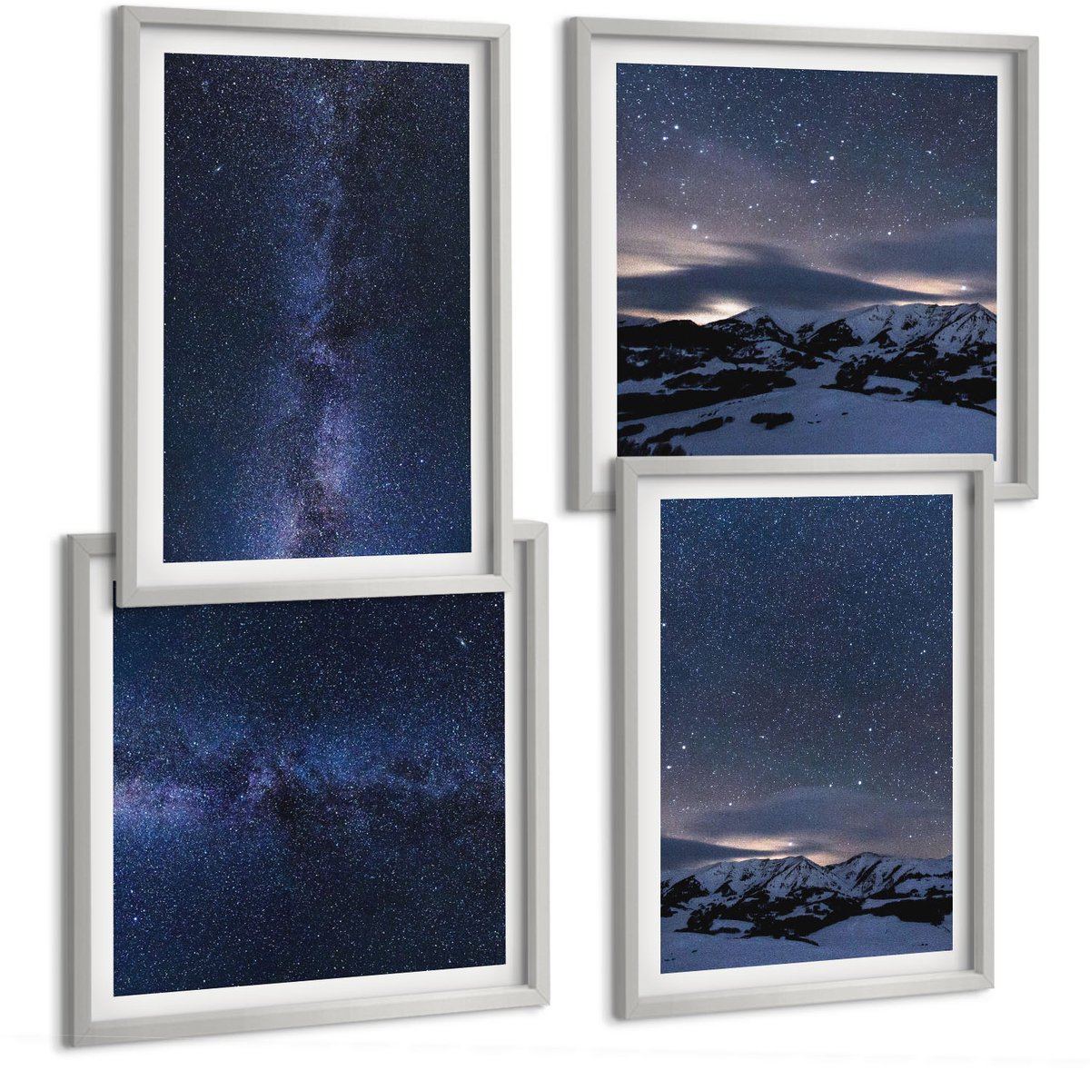 Coloray 4-Delige Schilderij Set - Nachtelijke Hemel Met Sterren En Berglandschap - 40 x 40 cm En 40 x 60 cm - Decoratieve Muurdecoratie - Slaapkamer - Interieur Decoratie