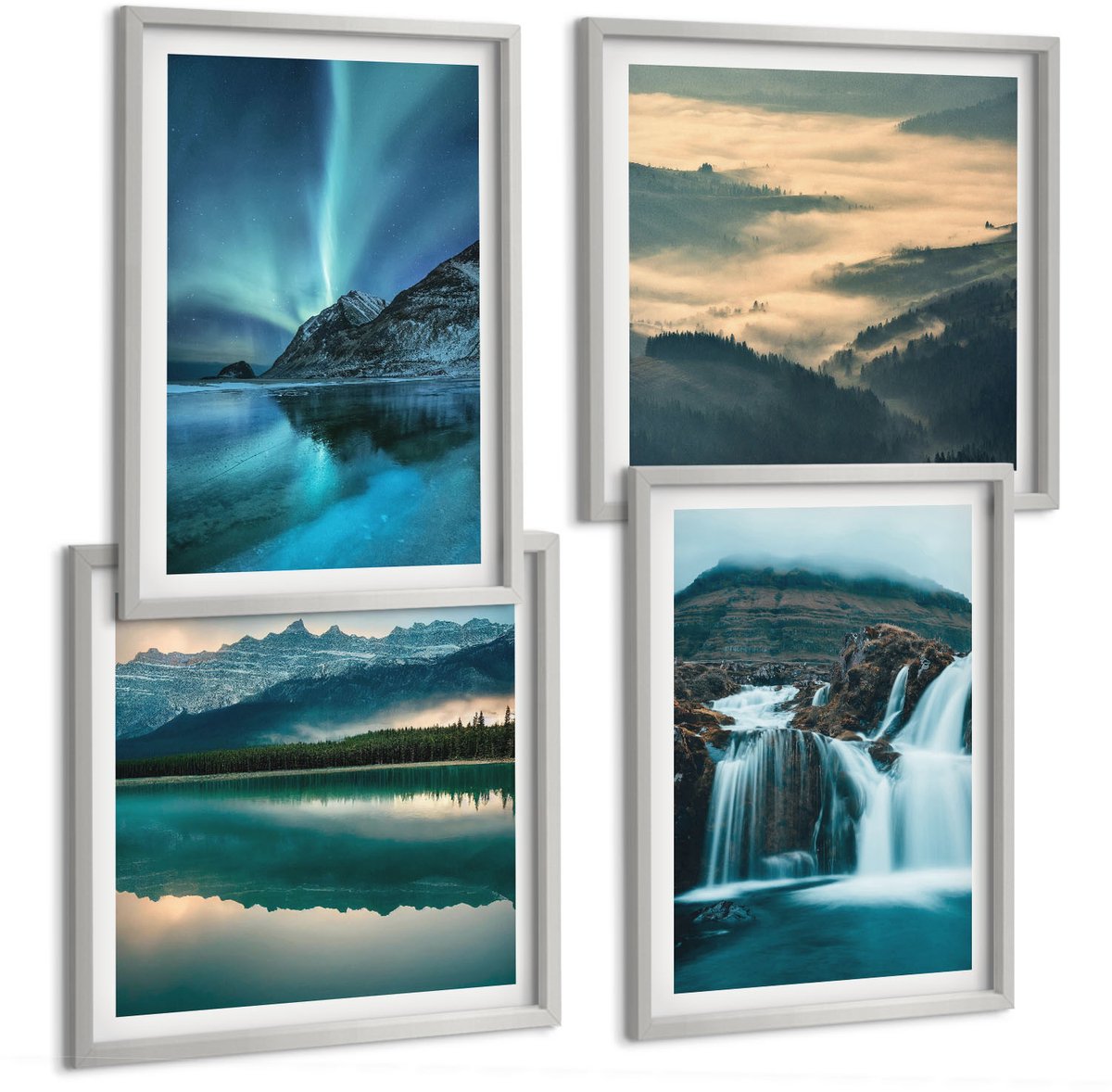 Coloray 4-Delige Schilderij Set - Winterlandschappen Met Watervallen En Het Noorderlicht - 40 x 40 cm En 40 x 60 cm - Wanddecoratie - Schilderijen Set - Kantoor - Moderne Wanddecoratie