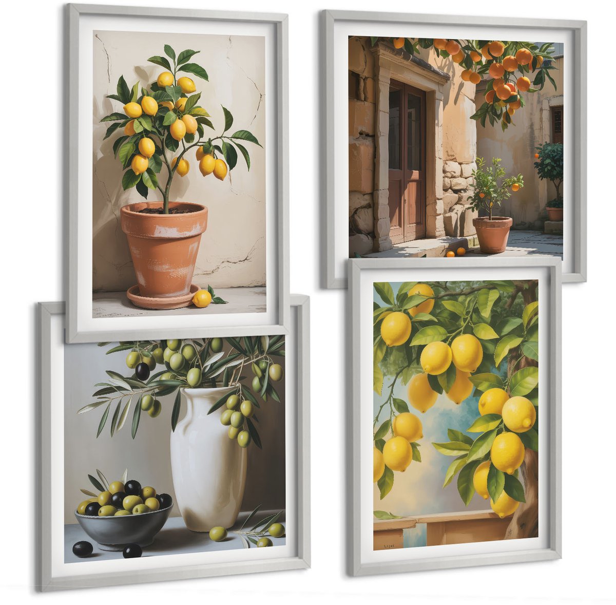 Coloray 4-Delige Schilderij Set - Citroenbomen In Potten En Vazen - 40 x 40 cm En 40 x 60 cm - Muurdecoratie - Schilderijen Set - Woonkamer - Decoratieve Schilderijen