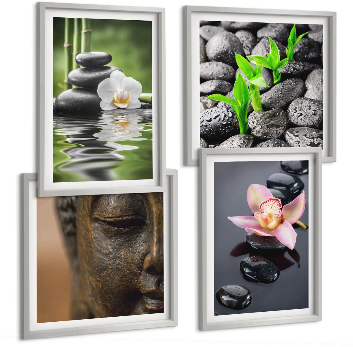 Coloray 4-Delige Schilderij Set - Vredige Zen-Compositie Van Stenen Met Bloemen En Boeddha - 40 x 40 cm En 40 x 60 cm - Stijlvolle Wanddecoratie - Interieur - Interieur Decoratie