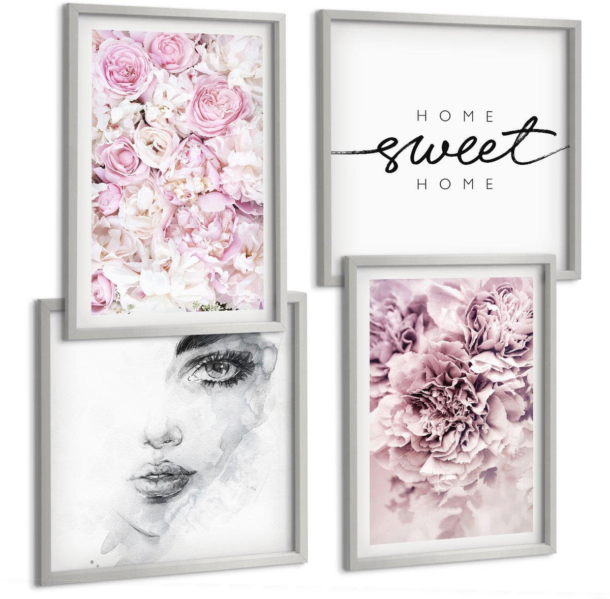 Coloray 4-Delige Schilderij Set - Delicate Pioenrozen Portret Van Een Vrouw Thuis Is Waar Het Hart Is - 40 x 40 cm En 40 x 60 cm - Moderne Wanddecoratie - Woonkamer - Interieur Decoratie
