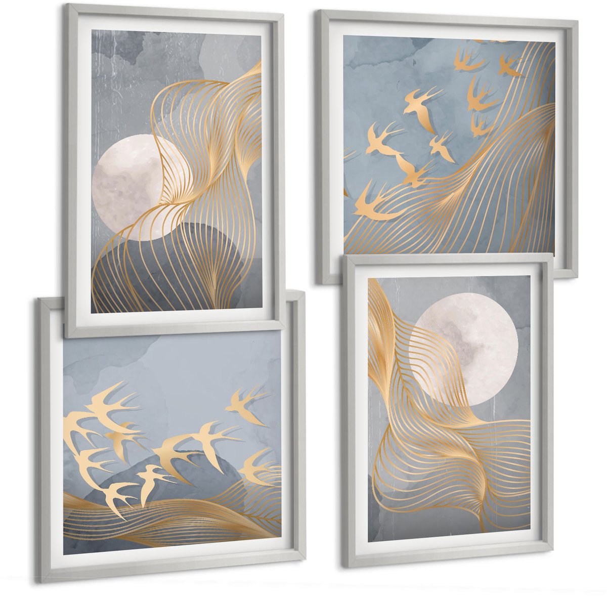 Coloray 4-Delige Schilderij Set - Abstracte Patronen Met Golven En Cirkels Op Een Grijze Achtergrond. - 40 x 40 cm En 40 x 60 cm - Muurdecoratie - Wanddecoratie - Hal - Decoratieve Schilderijen