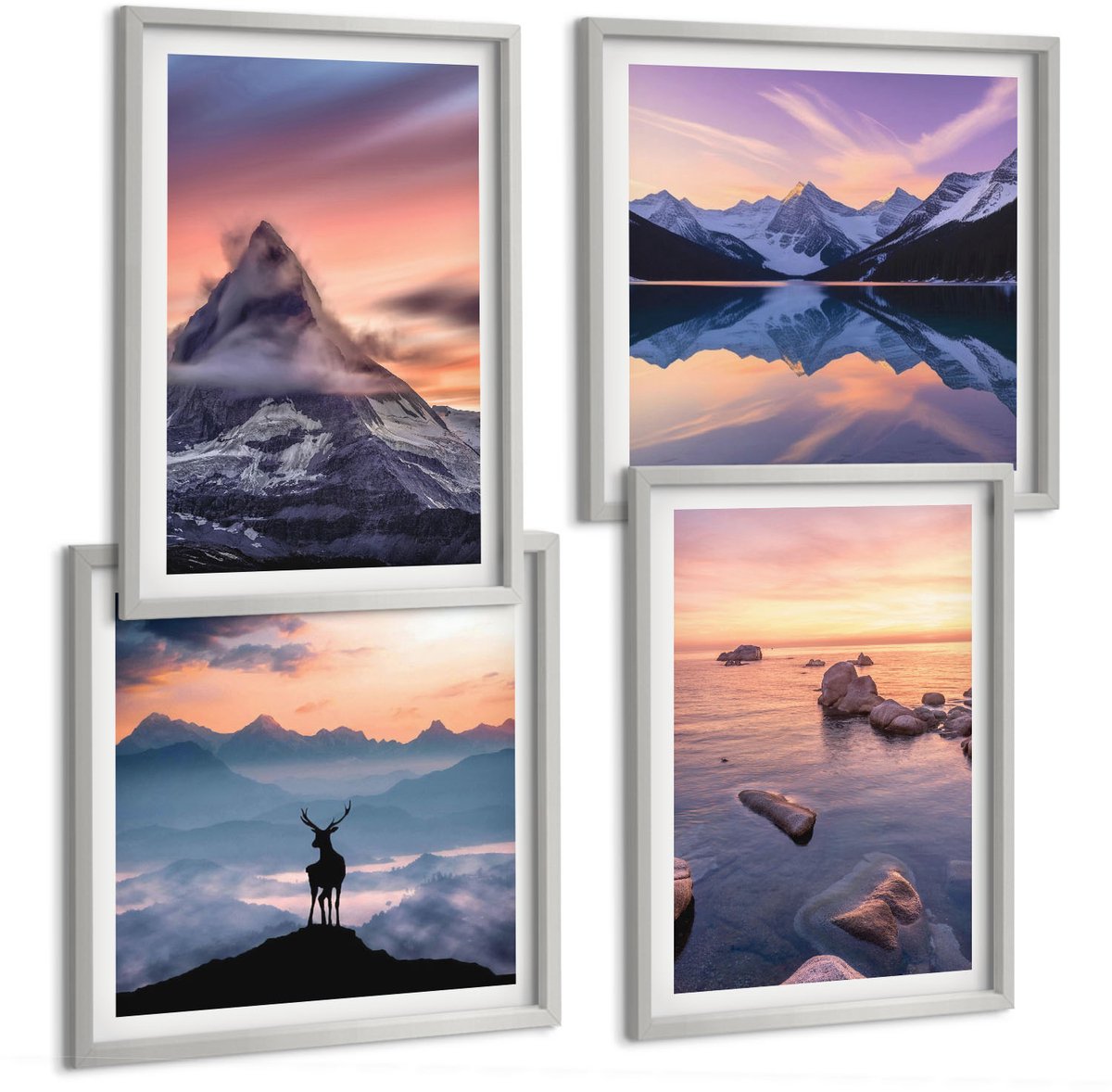 Coloray 4-Delige Schilderij Set - Landschappen, Bergen, Meren, Herten En Zonsondergang - 40 x 40 cm En 40 x 60 cm - Schilderijen Set - Wanddecoratie - Woonkamer - Muurdecoratie