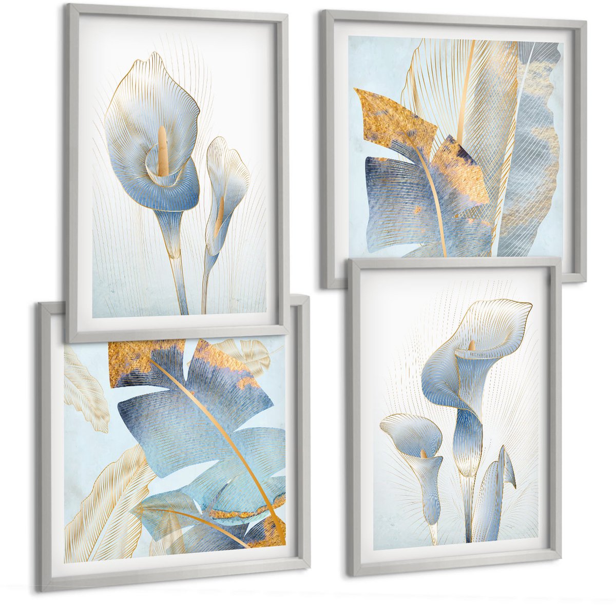 Coloray 4-Delige Schilderij Set - Fijne Blauwe Bloemen En Bladeren Op Een Lichte Achtergrond. - 40 x 40 cm En 40 x 60 cm - Stijlvolle Muurdecoratie - Slaapkamer - Interieur Decoratie