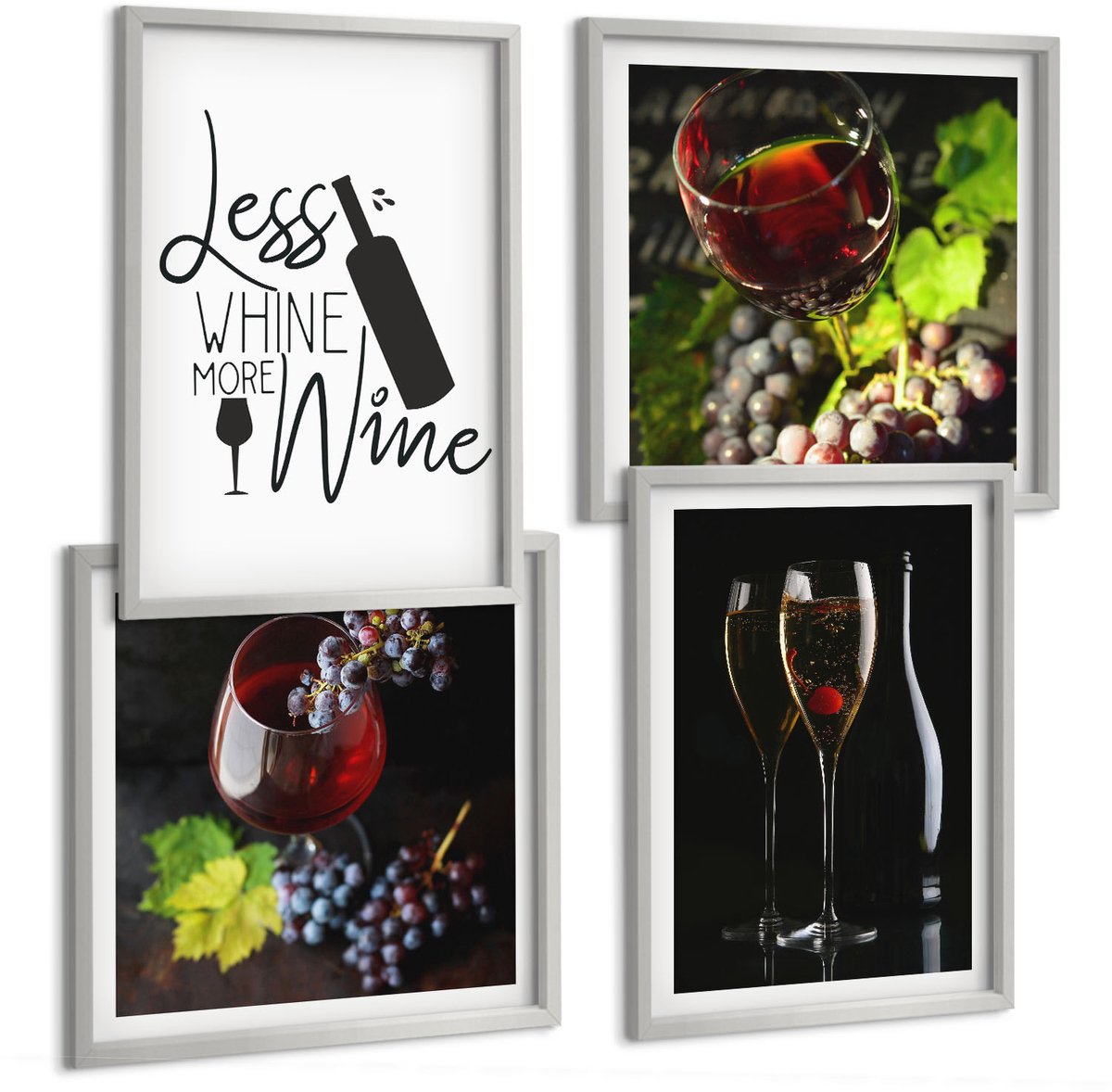 Coloray 4-Delige Schilderij Set - Wijnglazen Met Druiven En Een Opschrift Over Wijn. - 40 x 40 cm En 40 x 60 cm - Wanddecoratie - Woonkamer Decoratie