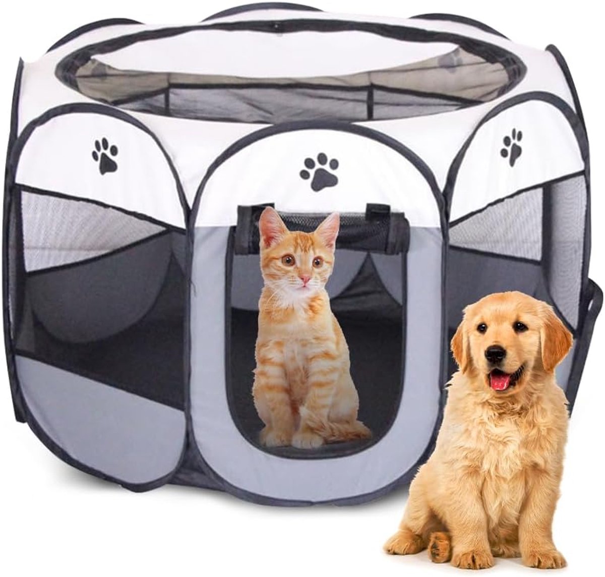 Run Dierenbox, 74 x 74 x 43 cm, puppybox, buitenverblijf voor honden, katten, konijnen en kleine dieren binnen en buiten (grijs)