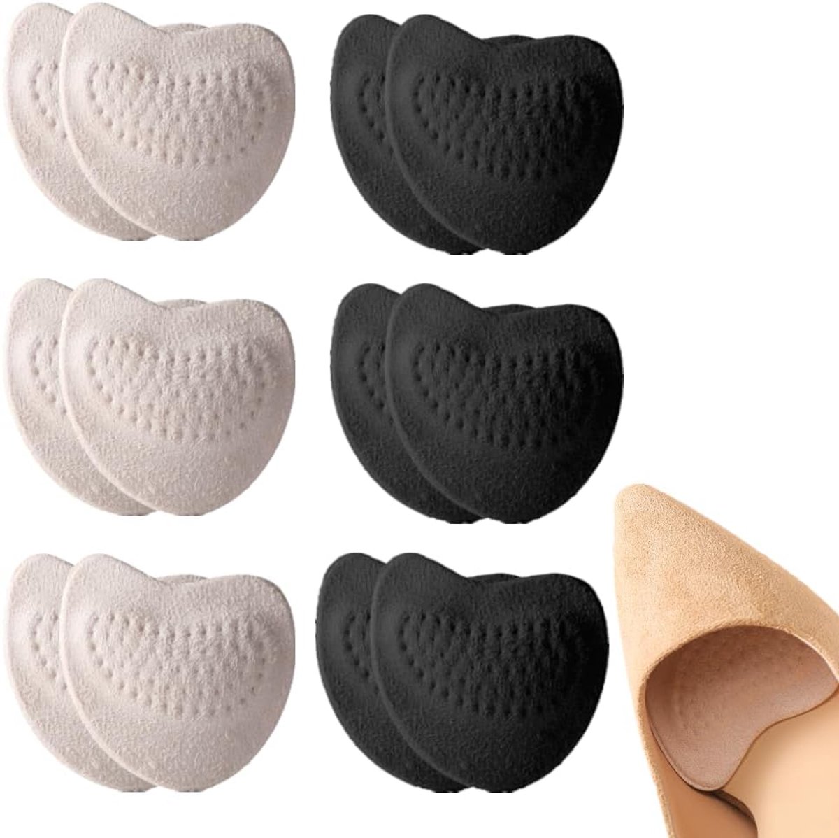 6 Paar Voorvoet Inlegzolen van Fluweel, Antislip Kussentjes voor Dames- en Herenschoenen, Comfort voor de Voorvoet, One Size