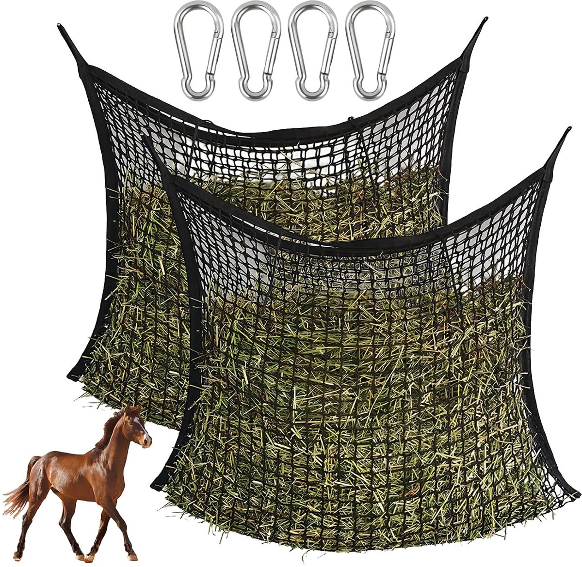 Dailygoods- Hooinet Set van 2 - Draagbaar Hooinet 60 x 90 cm - Maaswijdte 3 x 3 cm - Voedernet - Duurzaam Polyester - Met 4 Karabijnhaken